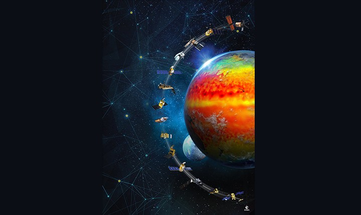 Des satellites en orbite autour d'une planète.